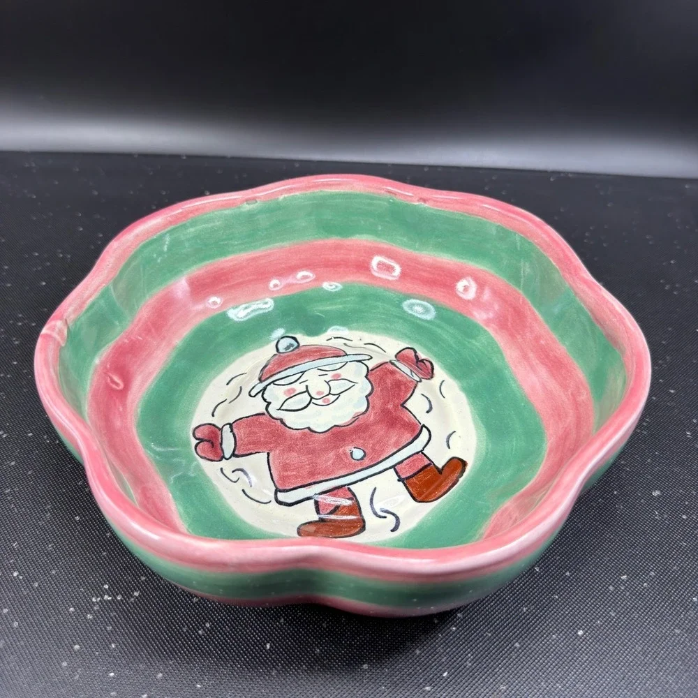 JMB‎ Mexico Hand Painted Ceramic Santa Claus Snow Angel Bowl Pink Green Striped